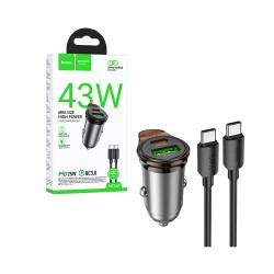 Hoco Car Charger NZ16A Rigorous 2 Port USB+Type-C 43W with Type-C to Type-C Cable 1m Metal Gray